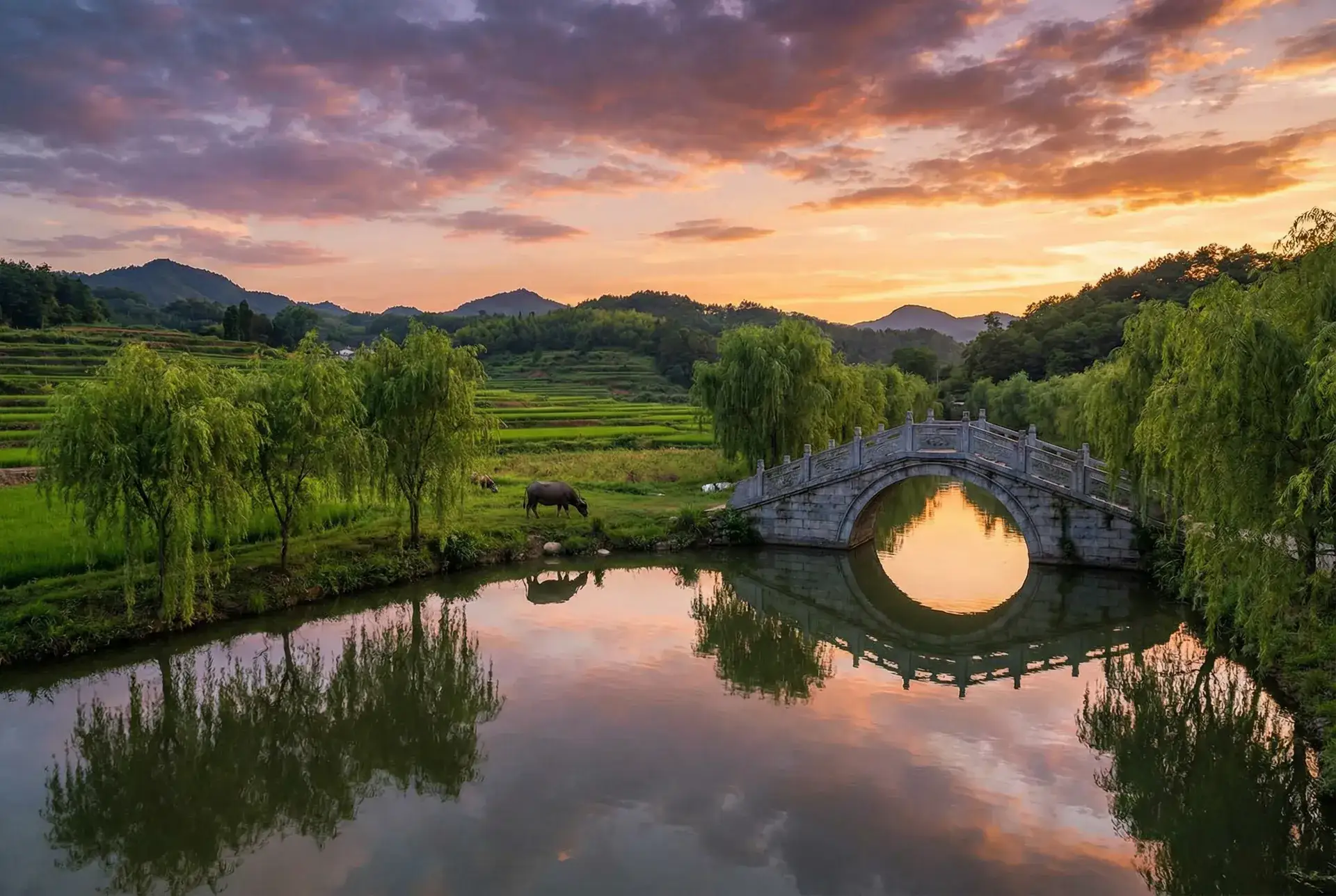 夕阳下的石拱桥与垂柳，水牛在河边吃草 - 妈妈的朋友在线看线观看 乡村美景